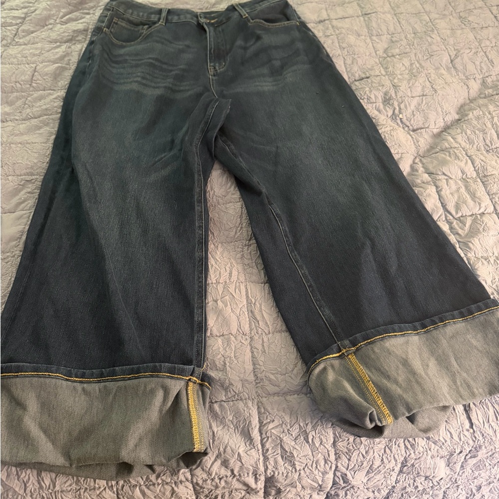 Halara Wide Leg Cuffed Dark Blue Jeans Women’s Large Petite
